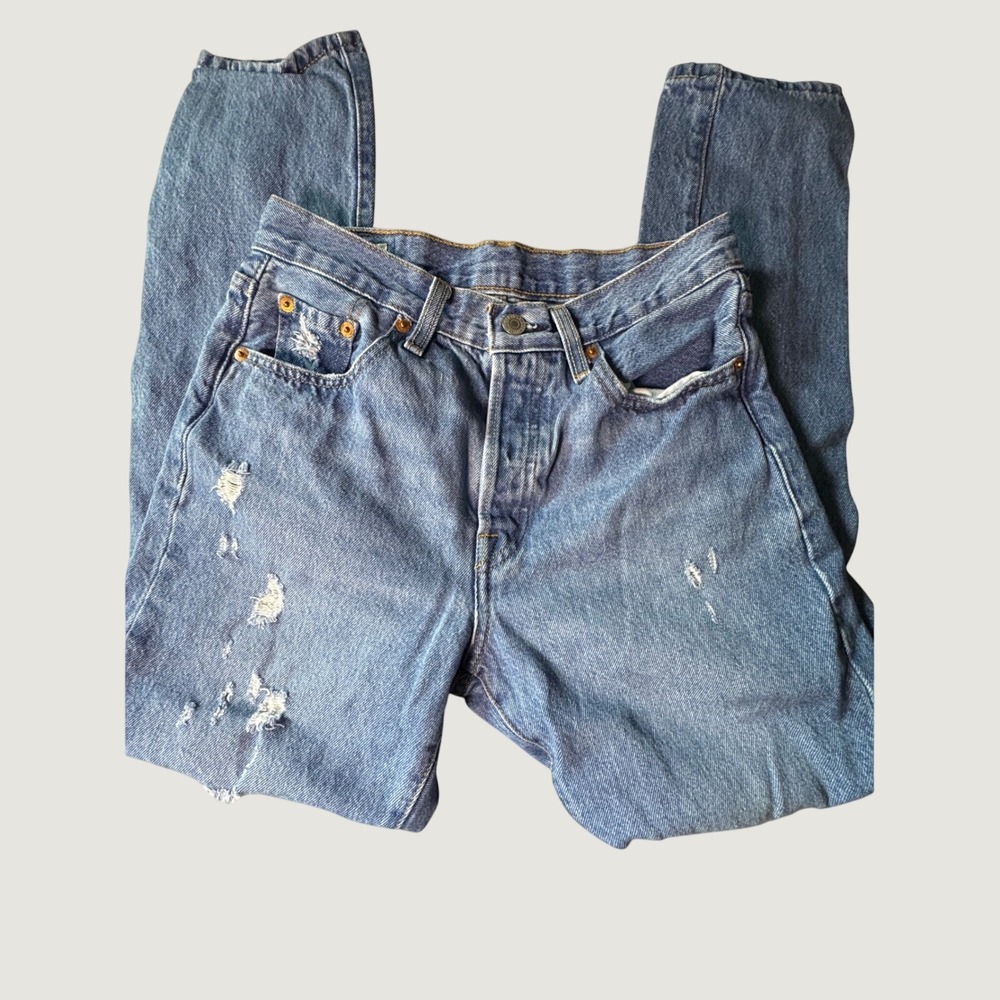 Levis Premium 501 S Skinny Jeans Womens 25x28 Distressed Blue Denim Button Fly